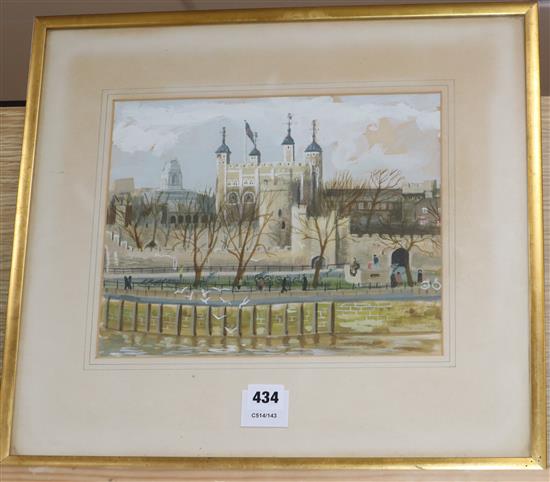 Modern British, gouache, View of The Tower of London, 24 x 30cm